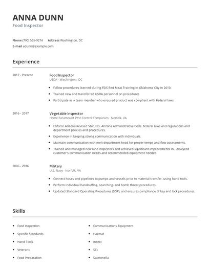 Food Inspector Resume