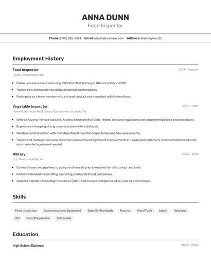Food Inspector Resume