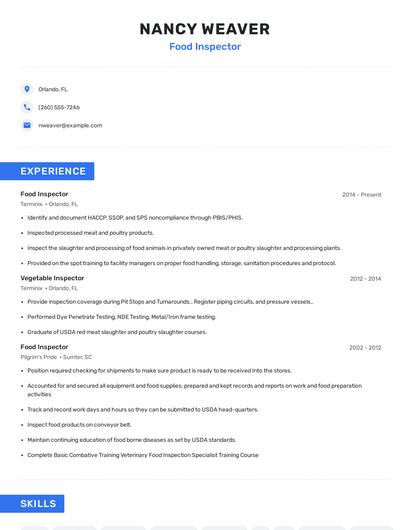 Food Inspector Resume