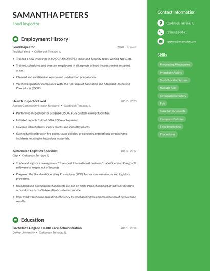 Food Inspector Resume