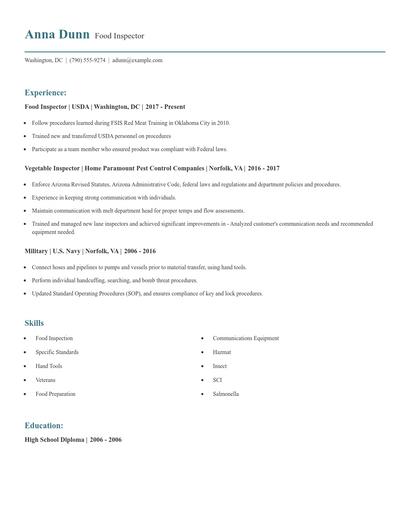 Food Inspector Resume