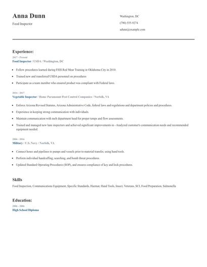 Food Inspector Resume