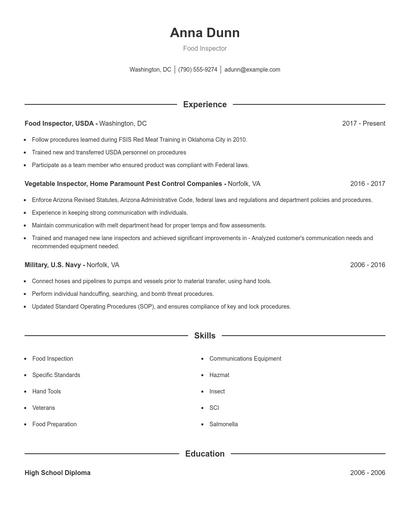 Food Inspector Resume
