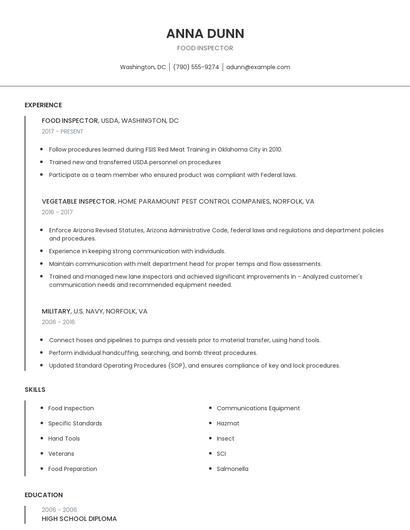 Food Inspector Resume