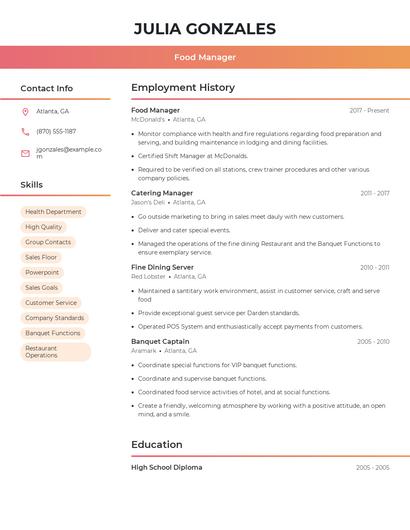 Food Manager Resume