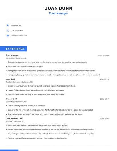 Food Manager Resume