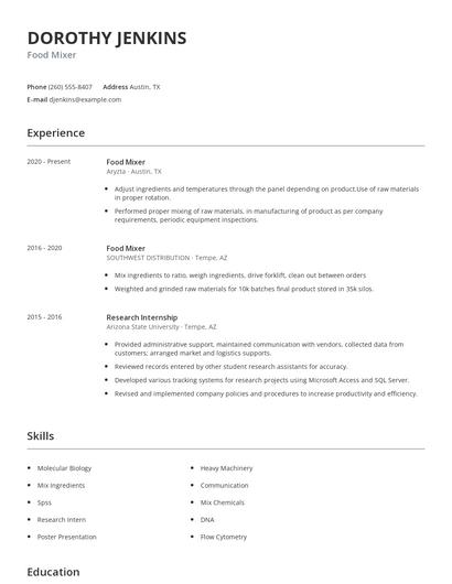 Food Mixer Resume