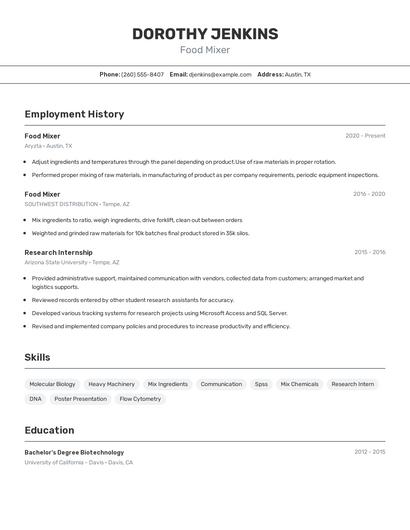 Food Mixer Resume