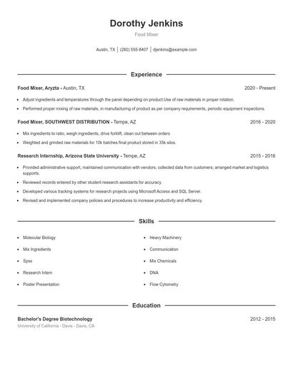 Food Mixer Resume
