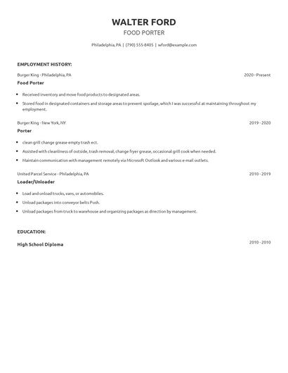 Food Porter Resume