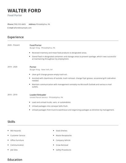 Food Porter Resume
