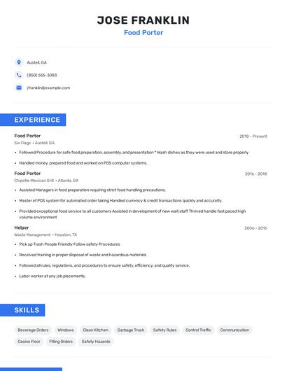 Food Porter Resume