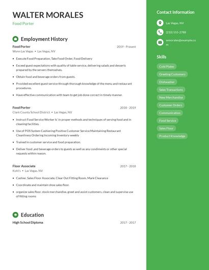 Food Porter Resume