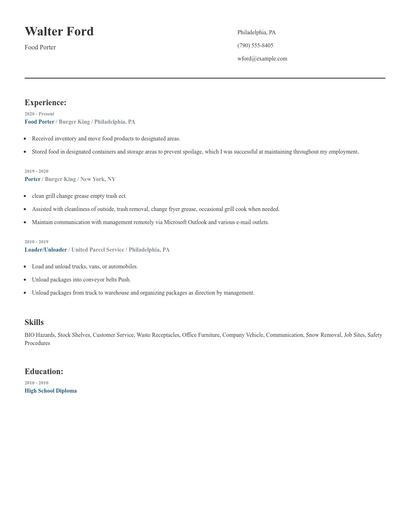Food Porter Resume