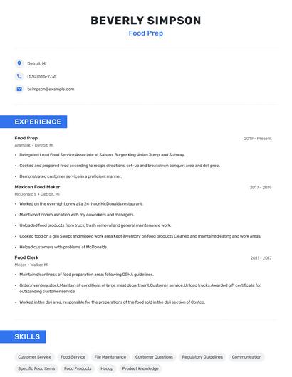 Food Prep Resume