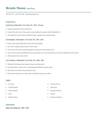 Food Prep Resume