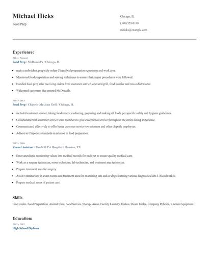 Food Prep Resume