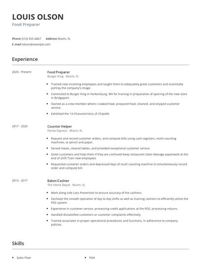 Food Preparer Resume