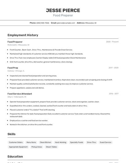 Food Preparer Resume