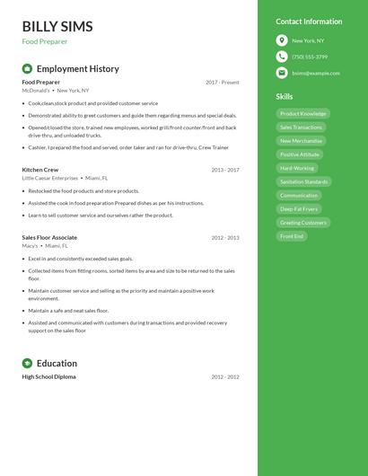Food Preparer Resume
