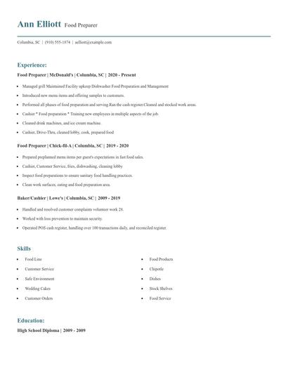 Food Preparer Resume