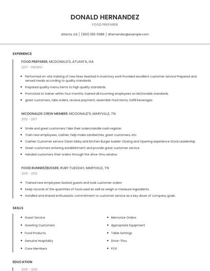 Food Preparer Resume