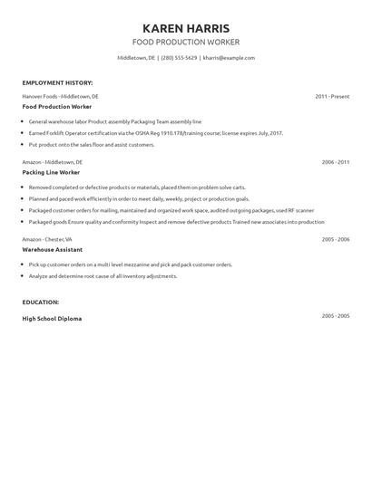 Food Production Worker Resume