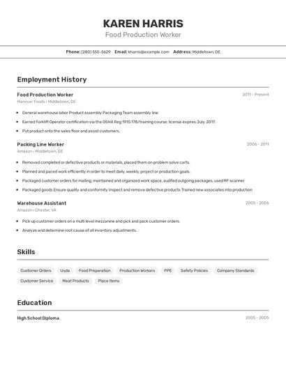Food Production Worker Resume