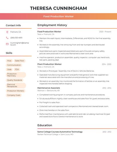 Food Production Worker Resume