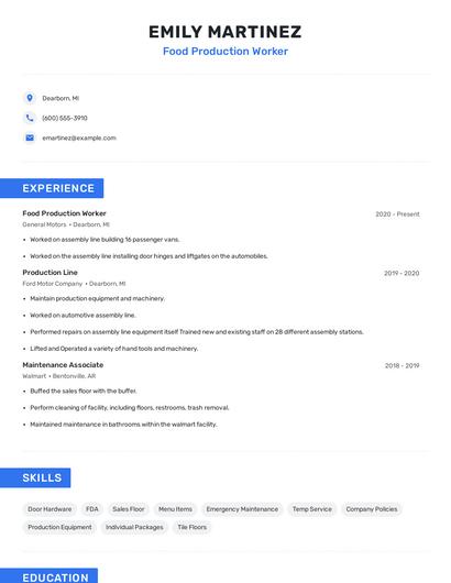 Food Production Worker Resume