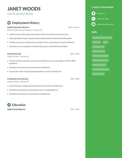 Food Production Worker Resume