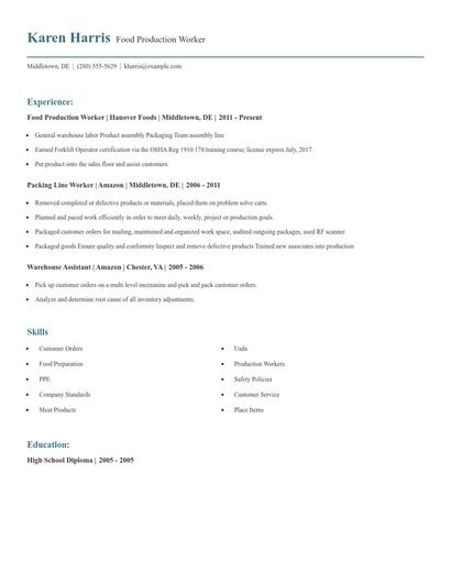 Food Production Worker Resume