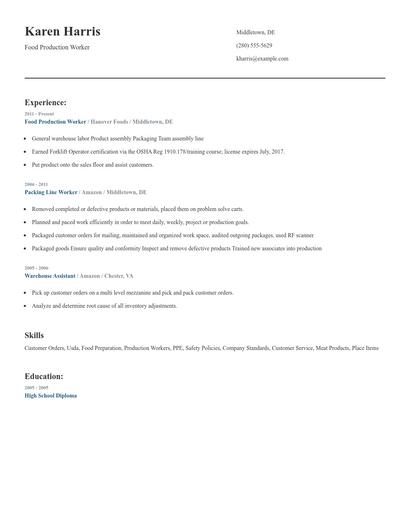 Food Production Worker Resume
