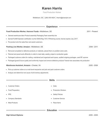 Food Production Worker Resume