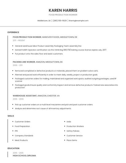 Food Production Worker Resume