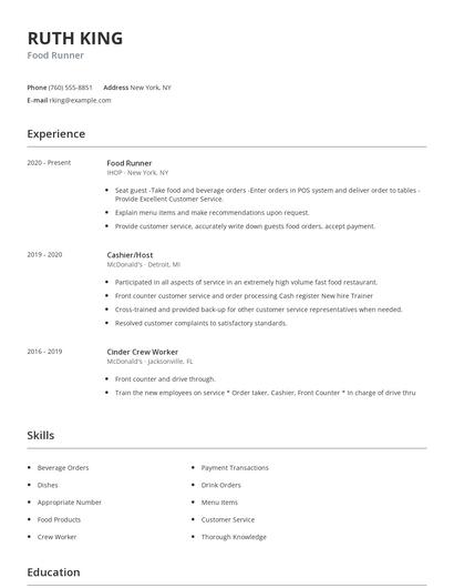 Food Runner Resume