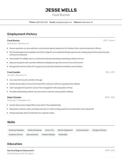 Food Runner Resume