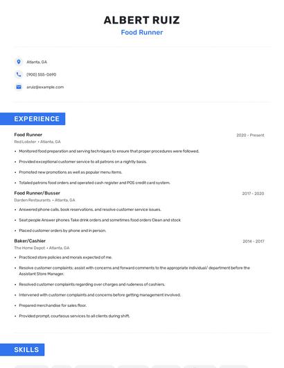 Food Runner Resume
