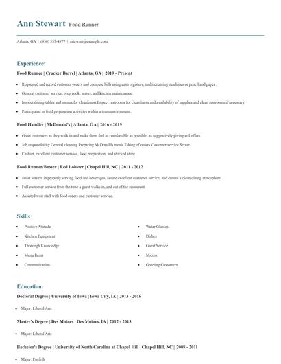 Food Runner Resume