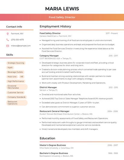 Food Safety Director Resume
