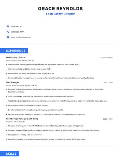 Food Safety Director Resume