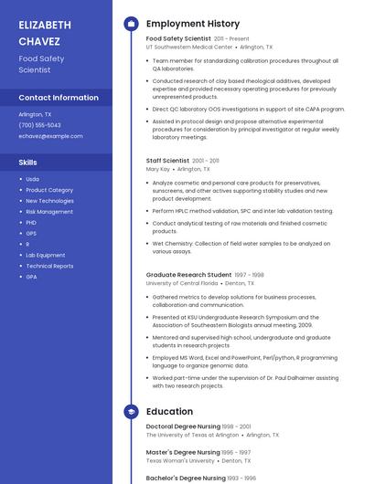Food Safety Scientist Resume