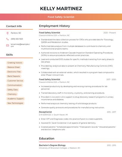 Food Safety Scientist Resume