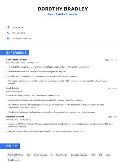 Food Safety Scientist Resume