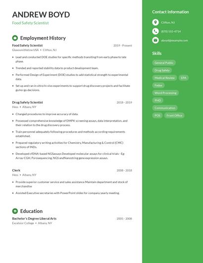 Food Safety Scientist Resume