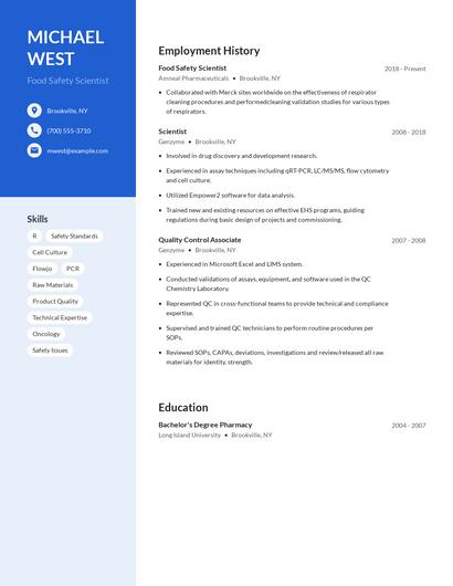 Food Safety Scientist Resume