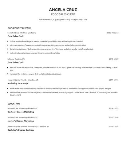 Food Sales Clerk Resume