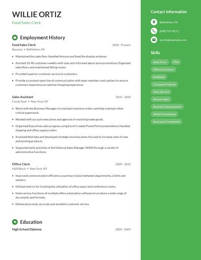 Food Sales Clerk Resume