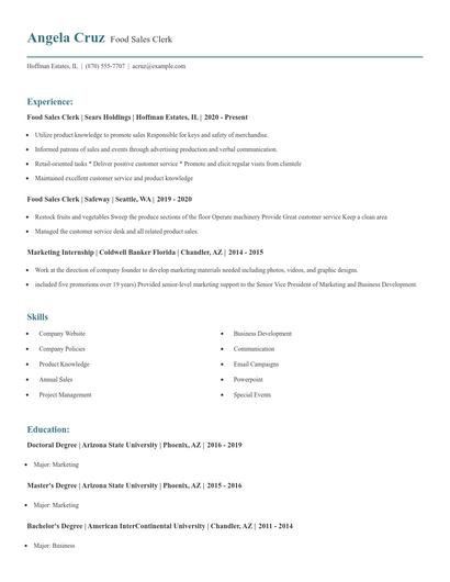 Food Sales Clerk Resume