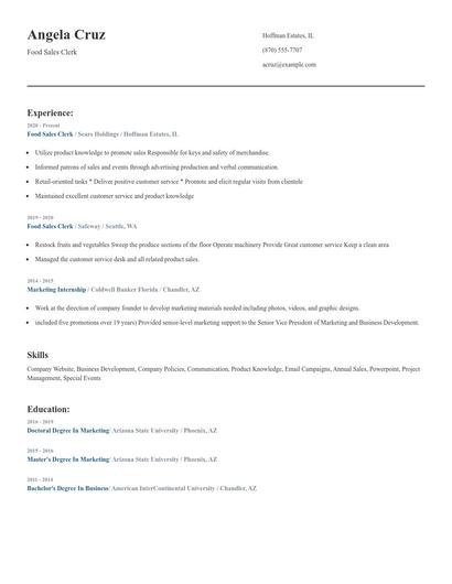 Food Sales Clerk Resume